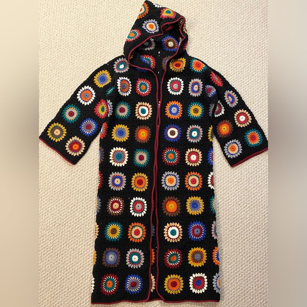 Handmade Granny Crochet Square Hooded Cardigan Sweater One Size Long